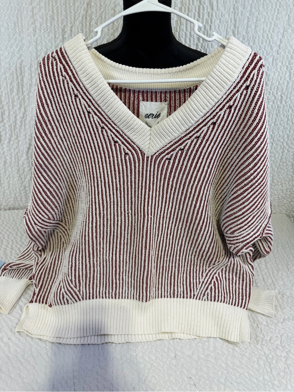 aerie Cream and Burgundy Striped V-Neck Sweater